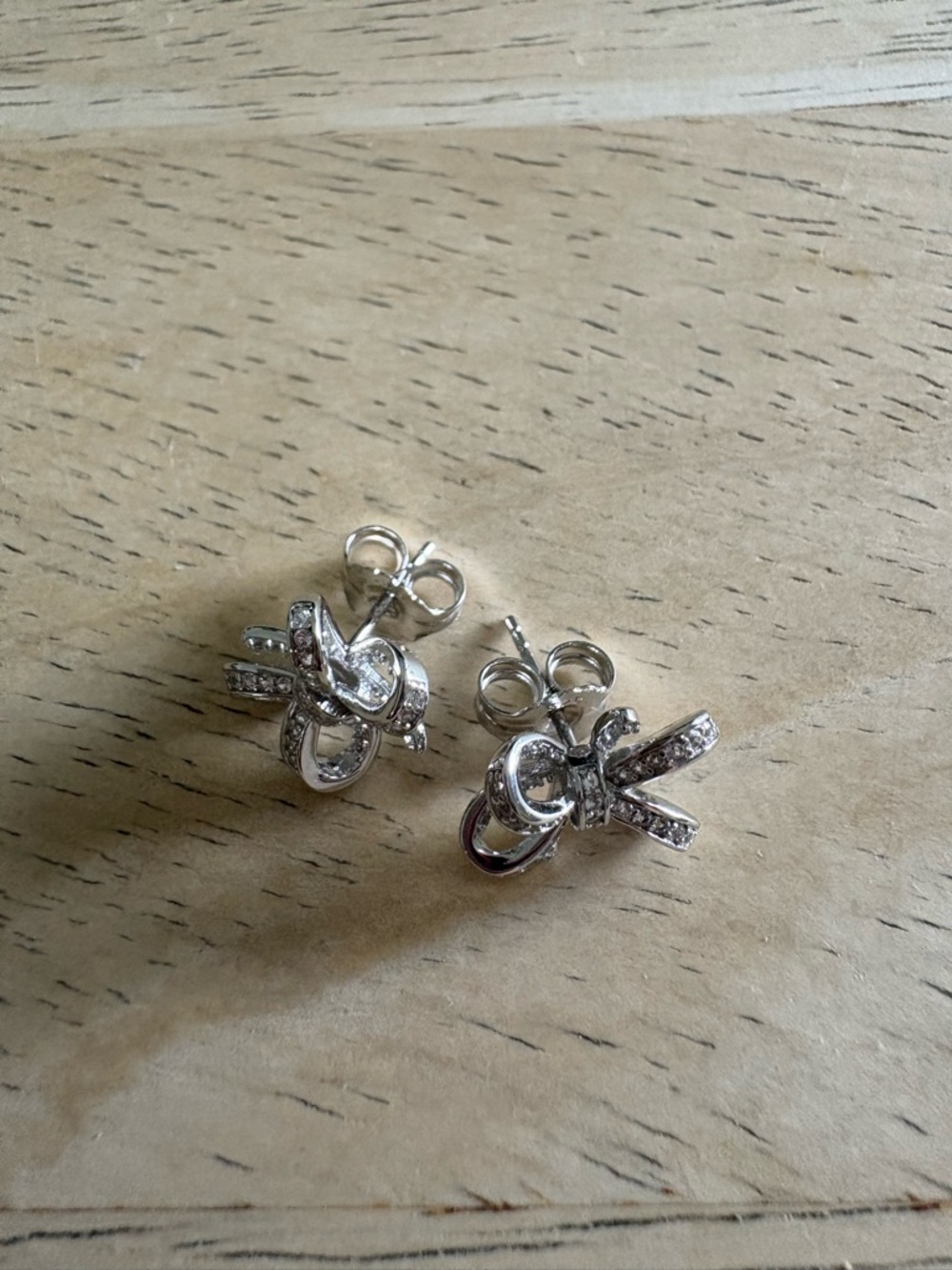 JTV Silver Ribbon Knot Stud Earrings with Clear Crystals